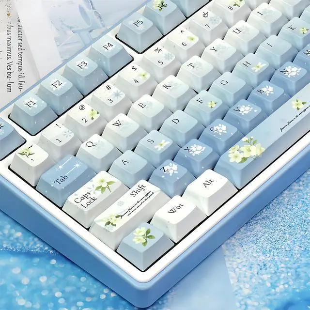 Alt view image 6 of 7 - Jasmine-Flower Aesthetic Keycaps,Cherry Profile Dye-Sub PBT Keycaps Blue and White Snow Gradient 133 Keys Full Size Keycap Set for 60% 75% 80% 100% Cherry MX Switch Mechanical Gaming Keyboard