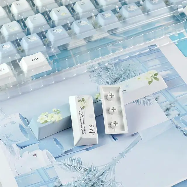 Alt view image 4 of 7 - Jasmine-Flower Aesthetic Keycaps,Cherry Profile Dye-Sub PBT Keycaps Blue and White Snow Gradient 133 Keys Full Size Keycap Set for 60% 75% 80% 100% Cherry MX Switch Mechanical Gaming Keyboard