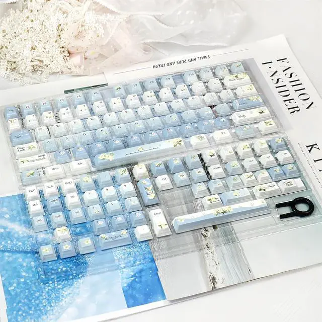 Alt view image 5 of 7 - Jasmine-Flower Aesthetic Keycaps,Cherry Profile Dye-Sub PBT Keycaps Blue and White Snow Gradient 133 Keys Full Size Keycap Set for 60% 75% 80% 100% Cherry MX Switch Mechanical Gaming Keyboard