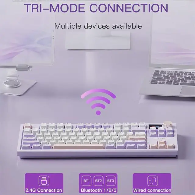 Alt view image 5 of 7 - LT84 Wireless Mechanical Keyboard Screen&Knob,75% Hot Swappable Gasket Mount Custom RGB Gaming Keyboard,Tri-Mode BT5.0/2.4G/Type-C Wired NKRO Creamy Keyboard for Office/Gamer (Purple)