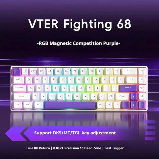 Alt view image 3 of 7 - Fighting68 Rapid Trigger RGB Gaming Keyboard,65% Hall Effect Magnetic Switch Hot-Swap Wired Hyper-Fast Mechanical Keyboard Adjustable Actuation 8000 Hz Polling Rate for PC/Mac Gamer (Purple)