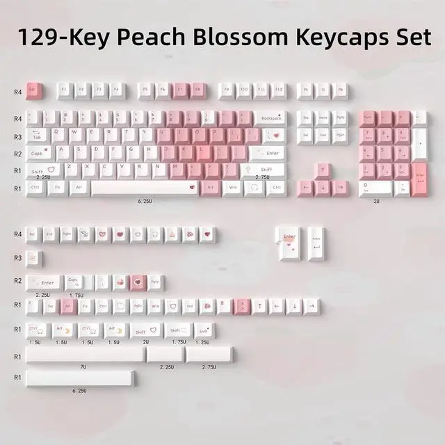 Alt view image 7 of 7 - Pink and White Cute Keycaps,Peach Blossom Creamy Keycaps Dye Sublimation PBT Keycap 129 Keys Custom Keycaps Set for Cherry MX Switch 60% 75% 100% Mechanical Gaming Keyboard (Cherry Profile)