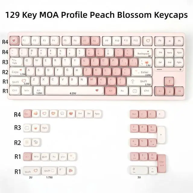 Alt view image 6 of 7 - Pink and White Cute Keycaps,Peach Blossom Creamy Keycaps Dye Sublimation PBT Keycap 129 Keys Custom Keycaps Set for Cherry MX Switch 60% 75% 100% Mechanical Gaming Keyboard (MOA Profile)