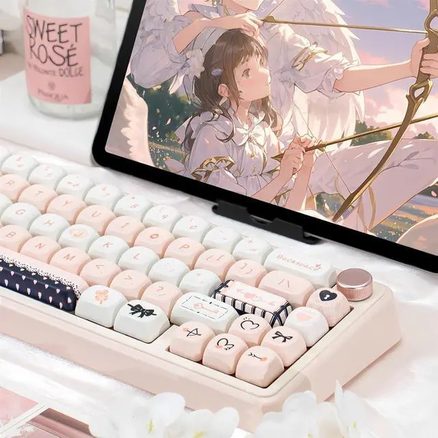 Alt view image 3 of 7 - Cute MOA Keycaps,Creamy Pink-Cupid Kawaii Round Keycaps Custom 114 Keys Keycap Set Thick PBT Keycap for Cherry MX Switch 80%/75% 60% Mechanical Gaming Keyboard Accessories for PC Gamer