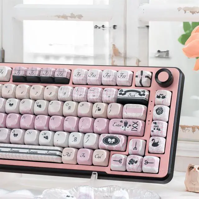 Alt view image 2 of 7 - Black Pink Keycaps,MOA Pofile Cute Swan-Theme Custom Keycap Dye Sublimation PBT Keycaps 131 Keys Full Size Keycap Set for Cherry MX Switches 60%/75% /80%/100% Mechanical Gaming Keyboard DIY