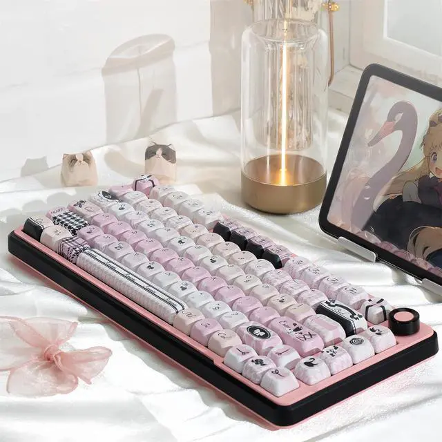 Alt view image 4 of 7 - Black Pink Keycaps,MOA Pofile Cute Swan-Theme Custom Keycap Dye Sublimation PBT Keycaps 131 Keys Full Size Keycap Set for Cherry MX Switches 60%/75% /80%/100% Mechanical Gaming Keyboard DIY