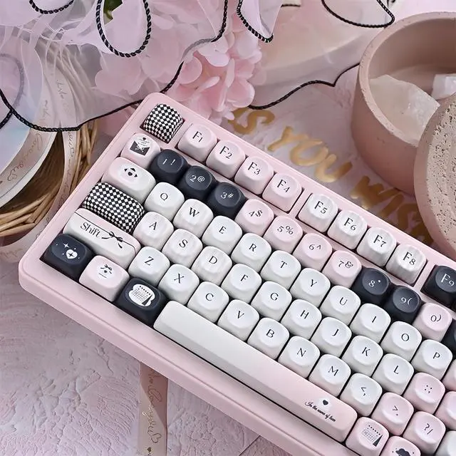 Alt view image 3 of 7 - Pink and Black Cute Keycaps,MOA Profile Creamy Keycaps PBT Dye-Sub Kawaii Custom Full Size Keycap Set for Cherry MX Switch ANSI Layout 75% 60% 100% Mechanical Gaming Keyboard (118Keys)