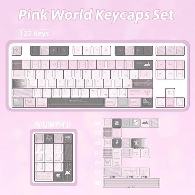 Alt view image 7 of 7 - Cute Keycaps Set,Creamy Pink Keycaps Cherry Profile Dye Sublimation Thick PBT Keycaps 127 Keys Full Size Custom Key Cap for Cherry MX Switch 75% 60% Mechanical Gaming Keyboard (Pink-World)