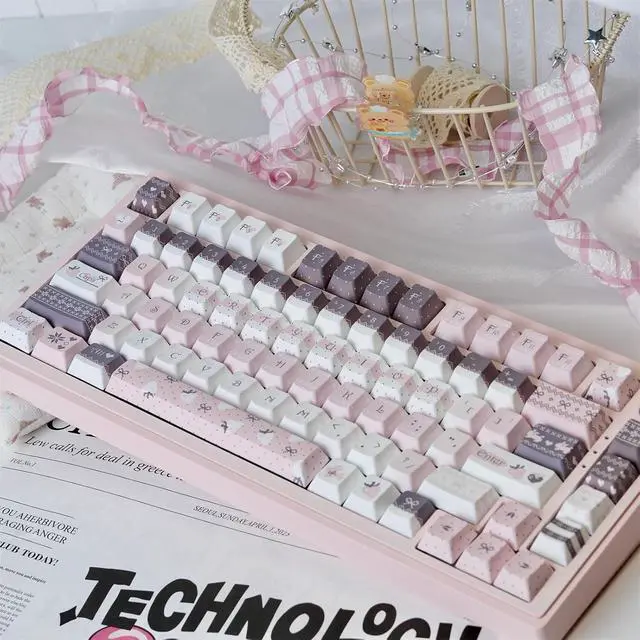 Alt view image 2 of 7 - Cute Keycaps Set,Creamy Pink Keycaps Cherry Profile Dye Sublimation Thick PBT Keycaps 137 Keys Full Size Custom Key Cap for Cherry MX Switch 75% 60% Mechanical Gaming Keyboard (Strawberry-Bunny)