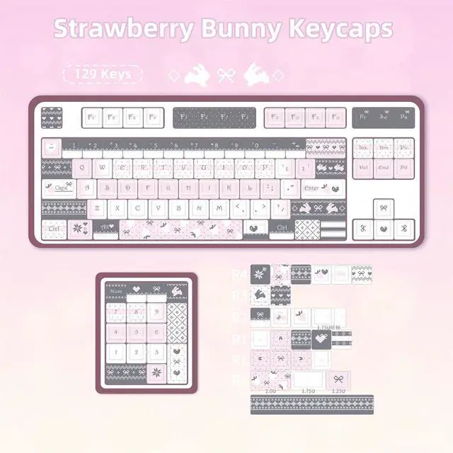 Alt view image 7 of 7 - Cute Keycaps Set,Creamy Pink Keycaps Cherry Profile Dye Sublimation Thick PBT Keycaps 137 Keys Full Size Custom Key Cap for Cherry MX Switch 75% 60% Mechanical Gaming Keyboard (Strawberry-Bunny)