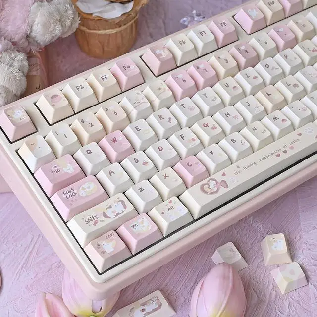 Main image of Cute Keycaps Set,Creamy Pink Keycaps Cherry Profile Dye Sublimation Thick PBT Keycaps 137 Keys Full Size Custom Key Cap for Cherry MX Switch 75% 60% Mechanical Gaming Keyboard (Cute-Cat)