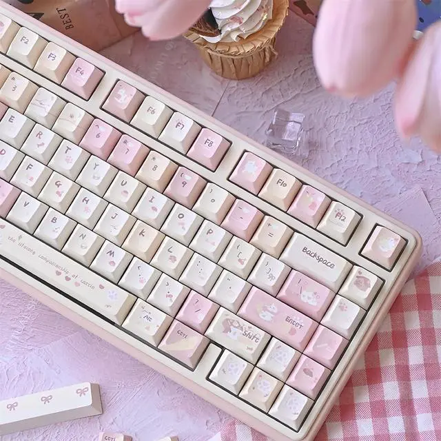 Alt view image 4 of 7 - Cute Keycaps Set,Creamy Pink Keycaps Cherry Profile Dye Sublimation Thick PBT Keycaps 137 Keys Full Size Custom Key Cap for Cherry MX Switch 75% 60% Mechanical Gaming Keyboard (Cute-Cat)