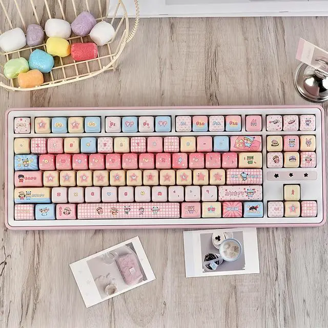 Alt view image 4 of 7 - Cute MOA Keycaps,Kawaii Anime Pink Keycap 129 Keys Full Size Custom Key Cap Set Dye-Sublimation Thick PBT Keycap for Cherry MX Switch 75% 60% Mechanical Gaming Keyboard Creamy Keycaps