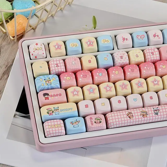 Alt view image 3 of 7 - Cute MOA Keycaps,Kawaii Anime Pink Keycap 129 Keys Full Size Custom Key Cap Set Dye-Sublimation Thick PBT Keycap for Cherry MX Switch 75% 60% Mechanical Gaming Keyboard Creamy Keycaps