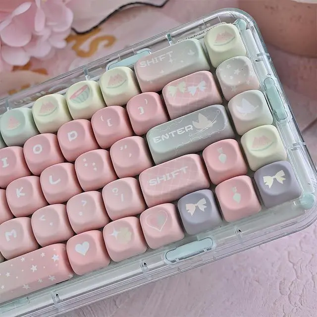 Alt view image 6 of 7 - Cute MOA Keycaps,Creamy Watermelon Gradient Pink Keycaps Dye Sub PBT Keycap Custom 133 Keys Full Size Keycap Set for Cherry MX Switch 100% 75% 60% Mechanical Gaming Keyboard (watermelon-133keys)