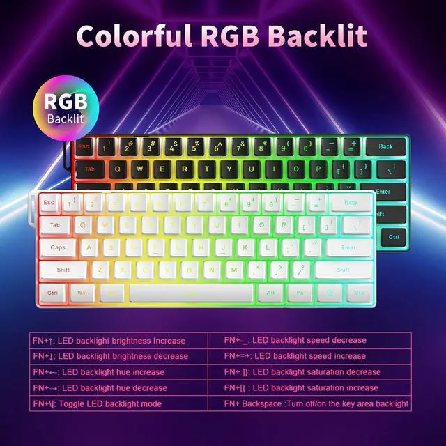 Alt view image 3 of 7 - BW61 60% Wired Gaming Keyboard,RGB Backlit 61 Keys Ultra-Compact USB-C Keyboard with Shine Through Pudding Keycaps Silent Membrane Switches for PC Gamer/Office Working (White)