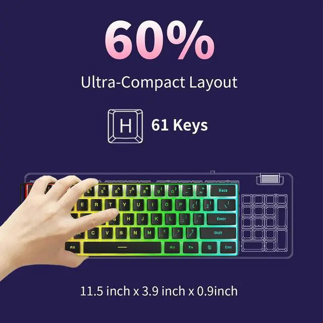 Alt view image 4 of 7 - BW61 60% Wired Gaming Keyboard,RGB Backlit 61 Keys Ultra-Compact USB-C Keyboard with Shine Through Pudding Keycaps Silent Membrane Switches for PC Gamer/Office Working (White)