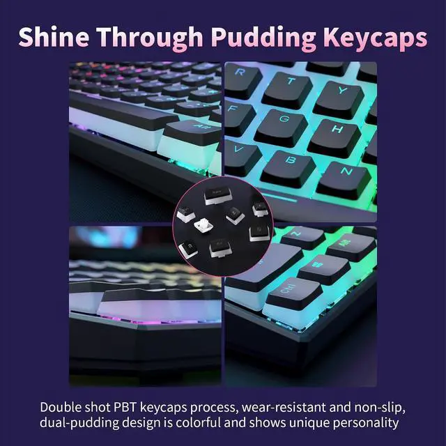 Alt view image 5 of 7 - BW61 60% Wired Gaming Keyboard,RGB Backlit 61 Keys Ultra-Compact USB-C Keyboard with Shine Through Pudding Keycaps Silent Membrane Switches for PC Gamer/Office Working (White)