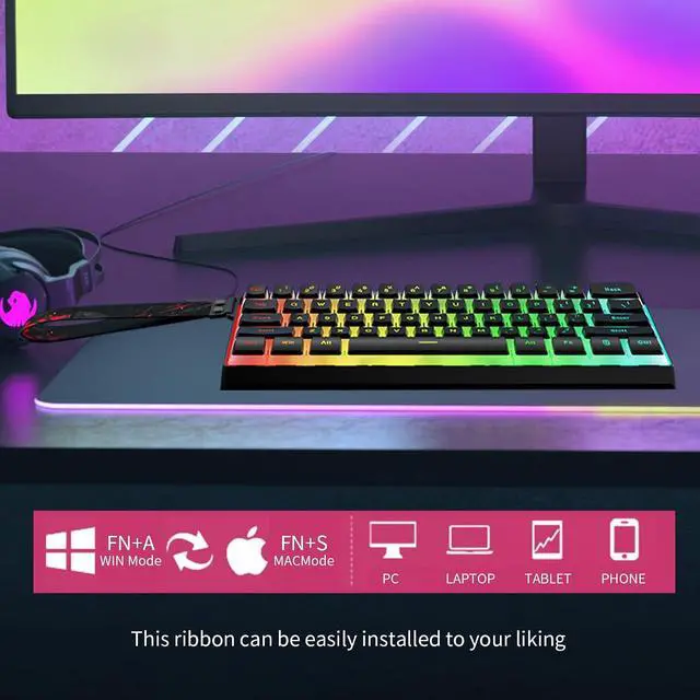Alt view image 6 of 7 - BW61 60% Wired Gaming Keyboard,RGB Backlit 61 Keys Ultra-Compact USB-C Keyboard with Shine Through Pudding Keycaps Silent Membrane Switches for PC Gamer/Office Working (White)
