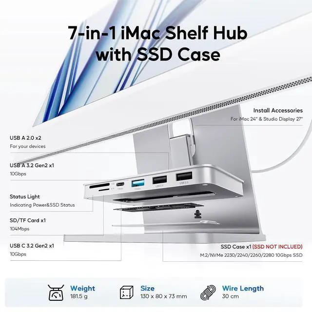 Alt view image 2 of 7 - iMac Accessories for iMac24 inch 2021/2023/2024, iMac Hub with M.2 NVMe SSD Enclosure, i-Mac USB C Hub USB A/C 10Gbps, SD/TF, i-Mac USB Adapter for iMac24 M1/M3/M4 or Studio Display 27 inch