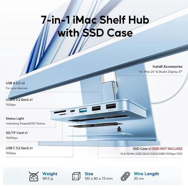 Alt view image 2 of 7 - iMac Accessories for iMac24 inch 2021/2023/2024, iMac Hub with M.2 NVMe SSD Enclosure,i-Mac USB C Hub USB A/C 10Gbps,SD/TF,i-Mac USB Adapter for iMac24 M1/M3/M4 or Studio Display 27 inch-Blue