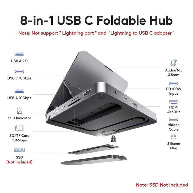 Alt view image 2 of 7 - USB C Hub for iPad Pro, Docking Station for iPad M4, 4K@60Hz HDMI, 100W PD Aluminum Hub with SSD Enclosure, Stand Dock for i-Pad Mini 6th Gen, No Support Lightning Port