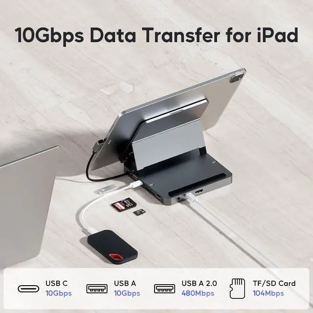 Alt view image 6 of 7 - USB C Hub for iPad Pro, Docking Station for iPad M4, 4K@60Hz HDMI, 100W PD Aluminum Hub with SSD Enclosure, Stand Dock for i-Pad Mini 6th Gen, No Support Lightning Port