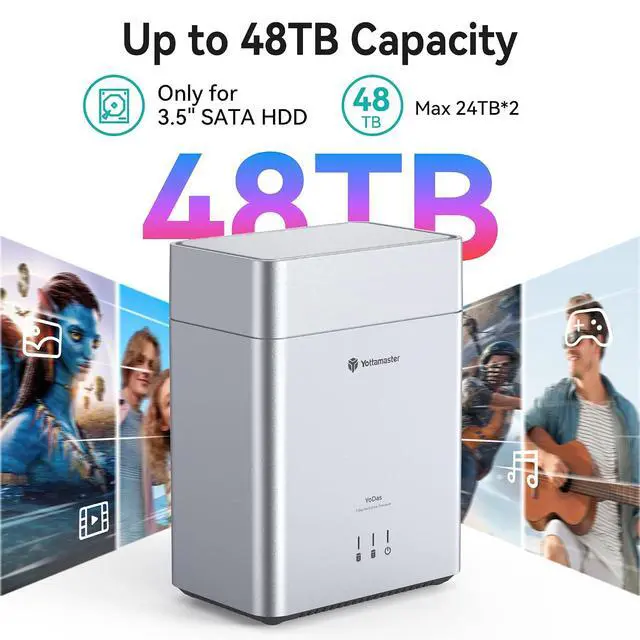 Alt view image 2 of 7 - 2 Bay External 3.5 Inch Hard Drive Enclosure Magnetic Tool-Free with Cooling Fan, Direct Attached Storage, USB 3.1 Gen1 Type-C HDD Enclosure Up to 48TB(2x24TB) - DY200C3