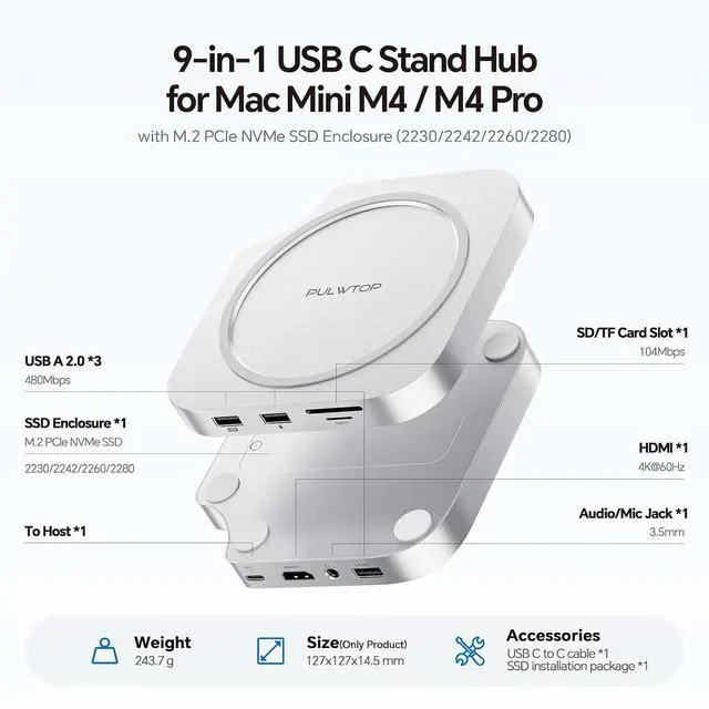Alt view image 2 of 7 - Mac mini M4 Dock, No WiFi Interference Mac mini M4 Hub Stand with M.2 SSD Enclosure (SSD NOT Included), for Mac mini M4 and M4 Pro 2024 with 4K60Hz HDMI, 3 x USB A 2.0, SD/TF, 3.5mm Audio/Mic