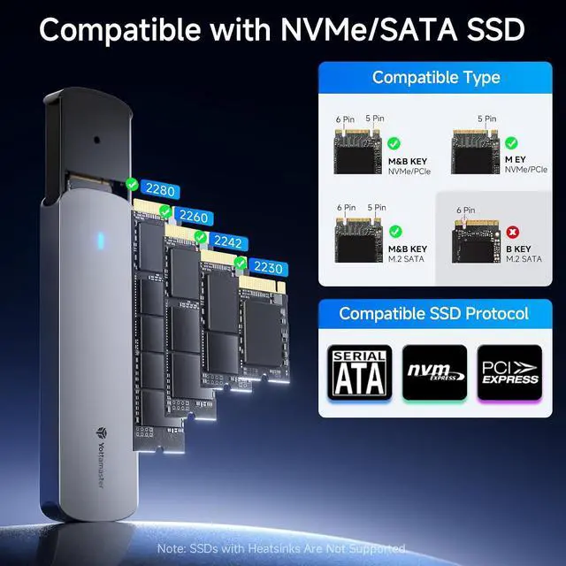 Alt view image 3 of 7 - M.2 NVMe SATA SSD Enclosure, USB 3.2 Gen 2 10Gbps Adapter Tool-Free, External Solid State Drive Enclosure Aluminum, Supports M and B+M Keys and Size 2230 2242 2260 2280 SSD