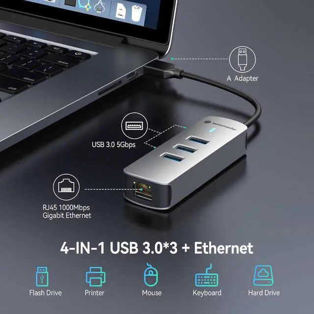Alt view image 3 of 7 - 4-in-1 USB A 3.0 Hub with Gigabit Ethernet 3X USB-A 3.0 Ports, Aluminum LAN Converter, Plug and Play for MacBook Pro/Air, XPS, Windows, Mac OS, Linux, NAS
