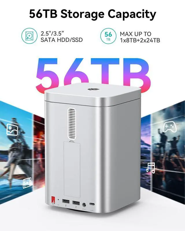 Alt view image 2 of 7 - 2 Bay 10Gbps RAID Enclosure Supports 2.5"/3.5" HDD/SSD Up to 56TB, Built-in NVMe SSD Slot, Docking Station with SD/TF Card Reader for Mac mini M4/PC/Laptop