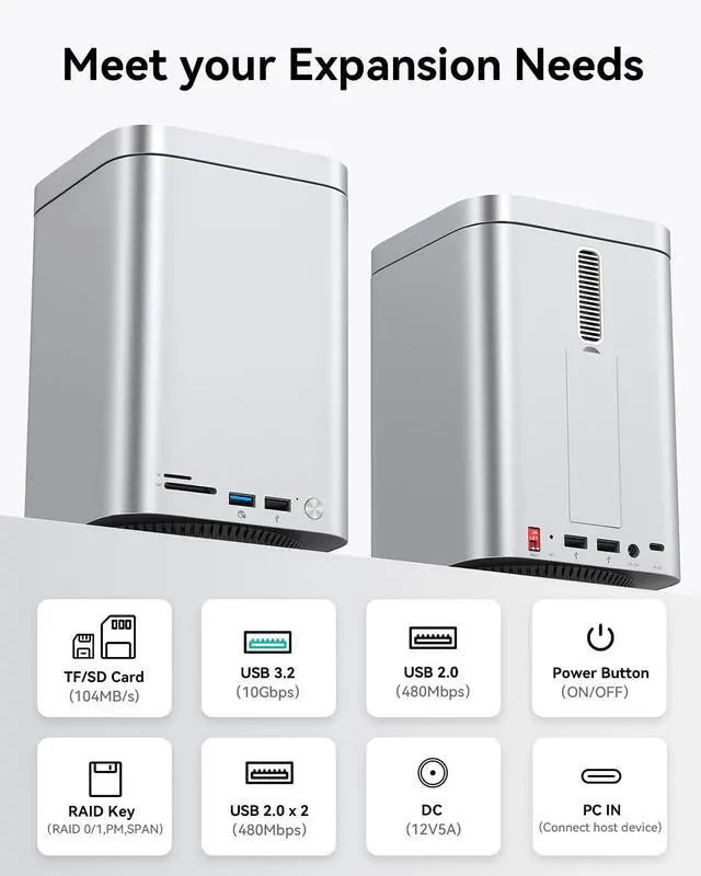 Alt view image 7 of 7 - 2 Bay 10Gbps RAID Enclosure Supports 2.5"/3.5" HDD/SSD Up to 56TB, Built-in NVMe SSD Slot, Docking Station with SD/TF Card Reader for Mac mini M4/PC/Laptop