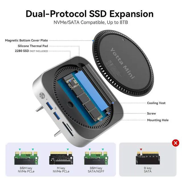 Alt view image 3 of 7 - 9 in 1 Mac mini M4 Dock 10Gbps with 8TB NVMe SATA SSD Enclosure, Aluminum Mac mini M4 Stand and Hub, Built in Cool Fan, USB-A*2/USB-C 10Gbps, USB-A 2.0 * 2, 3.5mm Audio*2, TF/SD
