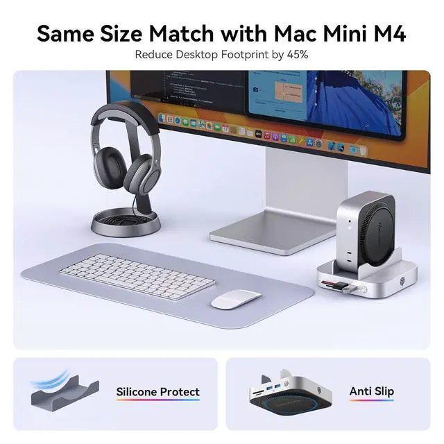 Alt view image 5 of 7 - 9 in 1 Mac mini M4 Dock 10Gbps with 8TB NVMe SATA SSD Enclosure, Aluminum Mac mini M4 Stand and Hub, Built in Cool Fan, USB-A*2/USB-C 10Gbps, USB-A 2.0 * 2, 3.5mm Audio*2, TF/SD