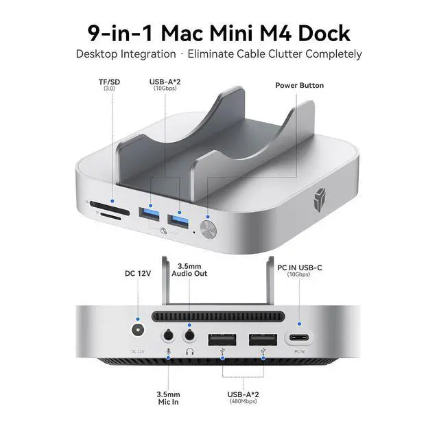 Alt view image 2 of 7 - 9 in 1 Mac mini M4 Dock 10Gbps with 8TB NVMe SATA SSD Enclosure, Aluminum Mac mini M4 Stand and Hub, Built in Cool Fan, USB-A*2/USB-C 10Gbps, USB-A 2.0 * 2, 3.5mm Audio*2, TF/SD