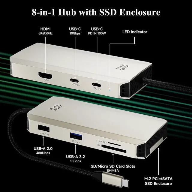 Alt view image 2 of 7 - USB C Docking Station,8-in-1 USB-C Hub with M.2 NVMe SATA SSD Enclosure,10Gbps Data Transfer, 8K@30Hz HDMI,87W PD,SD/TF Card Reader,USB 3.2 Hub for MacBook Pro/Air, Dell, HP Laptops