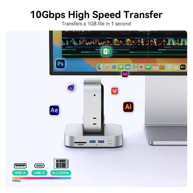 Alt view image 4 of 7 - 9 in 1 Mac mini M4 Dock 10Gbps with 8TB NVMe SATA SSD Enclosure, Aluminum Mac mini M4 Stand and Hub, Built in Cool Fan, USB-A*2/USB-C 10Gbps, USB-A 2.0 * 2, 3.5mm Audio*2, TF/SD