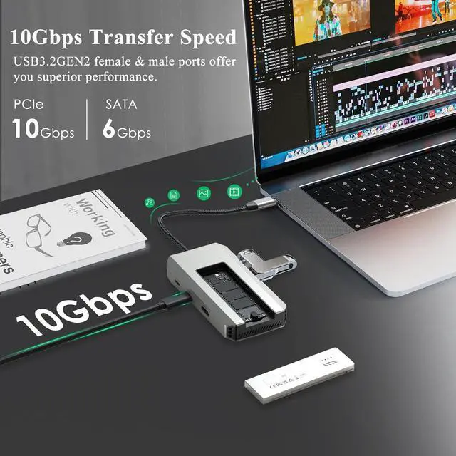 Alt view image 3 of 7 - USB C Docking Station,8-in-1 USB-C Hub with M.2 NVMe SATA SSD Enclosure,10Gbps Data Transfer, 8K@30Hz HDMI,87W PD,SD/TF Card Reader,USB 3.2 Hub for MacBook Pro/Air, Dell, HP Laptops