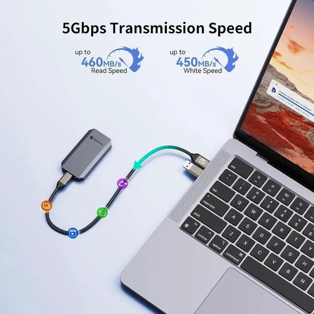Alt view image 2 of 7 - 1TB External SSD, Up to 460MB/s 2 in 1 USB C Cable & Lanyard Portable Solid State Drives, Supports 4K ProRes HDR Compatible with iPhone 17 Pro Max, Smartphone, Tablet, Laptop