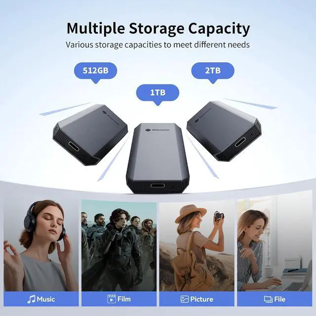 Alt view image 4 of 7 - 1TB External SSD, Up to 460MB/s 2 in 1 USB C Cable & Lanyard Portable Solid State Drives, Supports 4K ProRes HDR Compatible with iPhone 17 Pro Max, Smartphone, Tablet, Laptop