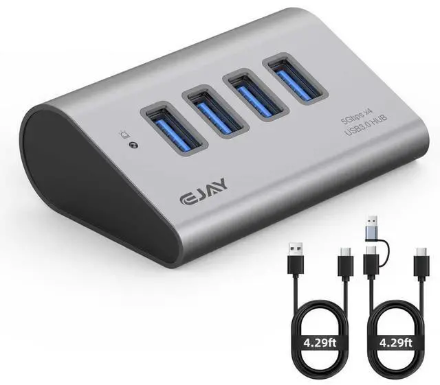 Main image of 4-Port USB 3.1 Hub with 5V Type-C Power Port, 5Gbps Aluminum USB Data Splitter for Gaming Desk & PC setups, 23° Ergonomic Angled Extender with Dual Cables for External SSD, PS5, Gray