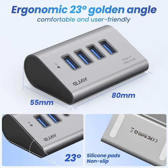 Alt view image 3 of 5 - 4-Port USB 3.1 Hub with 5V Type-C Power Port, 5Gbps Aluminum USB Data Splitter for Gaming Desk & PC setups, 23° Ergonomic Angled Extender with Dual Cables for External SSD, PS5, Gray