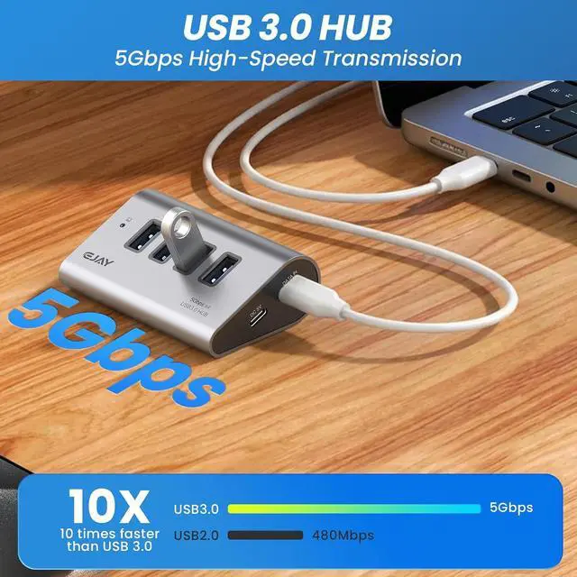 Alt view image 2 of 5 - 4-Port USB 3.1 Hub with 5V Type-C Power Port, 5Gbps Aluminum USB Data Splitter for Gaming Desk & PC setups, 23° Ergonomic Angled Extender with Dual Cables for External SSD, PS5, Gray