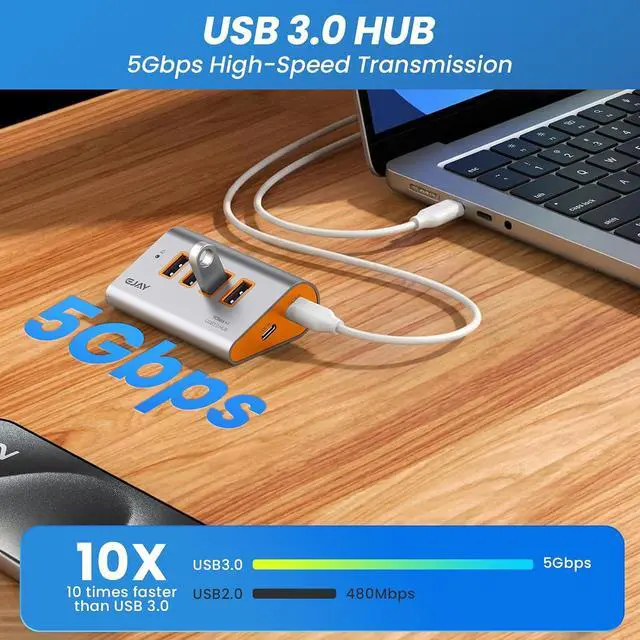 Alt view image 2 of 5 - 4-Port USB 3.0 Hub with 5V Type-C Power Port, 5Gbps Aluminum USB Data Splitter for Gaming Desk & PC setups, 23° Ergonomic Angled Extender with Dual Cables for External SSD, PS5, Orange