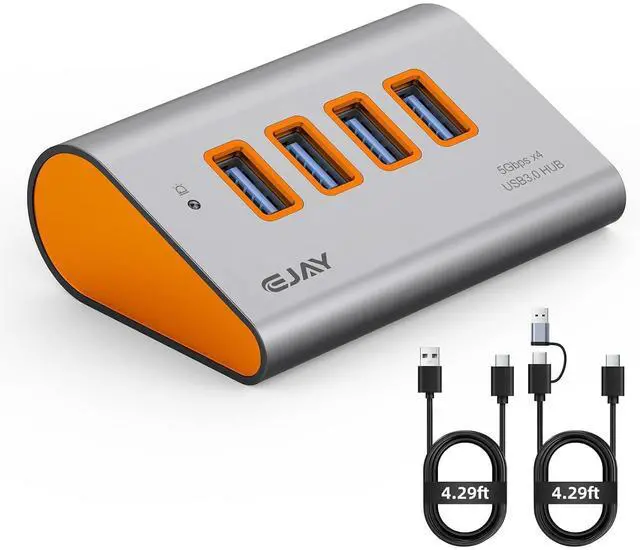 Main image of 4-Port USB 3.0 Hub with 5V Type-C Power Port, 5Gbps Aluminum USB Data Splitter for Gaming Desk & PC setups, 23° Ergonomic Angled Extender with Dual Cables for External SSD, PS5, Orange