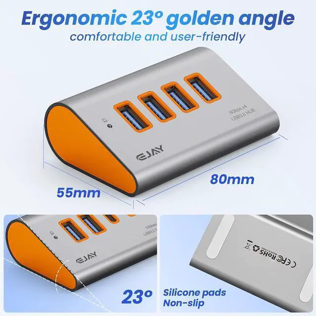 Alt view image 3 of 5 - 4-Port USB 3.0 Hub with 5V Type-C Power Port, 5Gbps Aluminum USB Data Splitter for Gaming Desk & PC setups, 23° Ergonomic Angled Extender with Dual Cables for External SSD, PS5, Orange