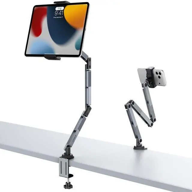 Main image of Tablet Mount, 360° Adjustable Tablet Stand Holder for iPad, Foldable Aluminum Arms, Ergonomic Viewing for Standing Desk & Nightstand, Fits 4.7"-12.9" Tablets & Phones - RA1, Gray