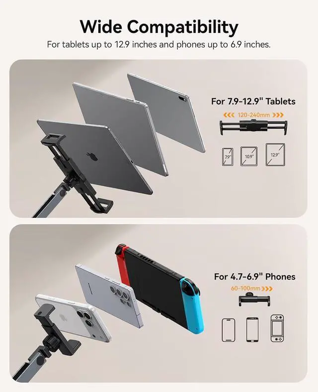 Alt view image 4 of 7 - Tablet Mount, 360° Adjustable Tablet Stand Holder for iPad, Foldable Aluminum Arms, Ergonomic Viewing for Standing Desk & Nightstand, Fits 4.7"-12.9" Tablets & Phones - RA1, Gray