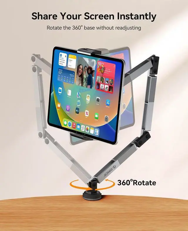 Alt view image 6 of 7 - Tablet Mount, 360° Adjustable Tablet Stand Holder for iPad, Foldable Aluminum Arms, Ergonomic Viewing for Standing Desk & Nightstand, Fits 4.7"-12.9" Tablets & Phones - RA1, Gray